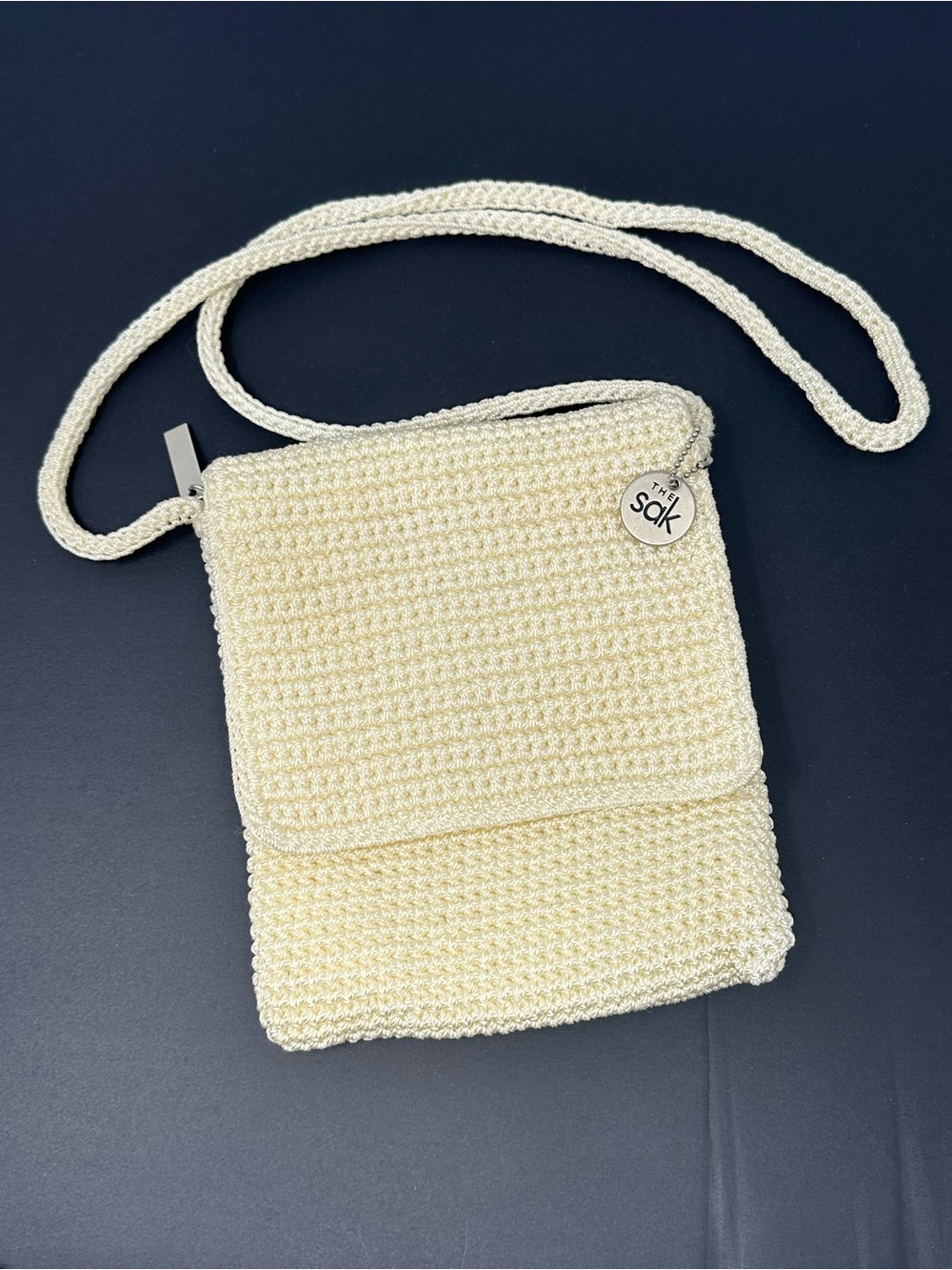 The Sak Crossbody Bag Ivory Cream Crochet With Flap And Zip Closure‎ A5